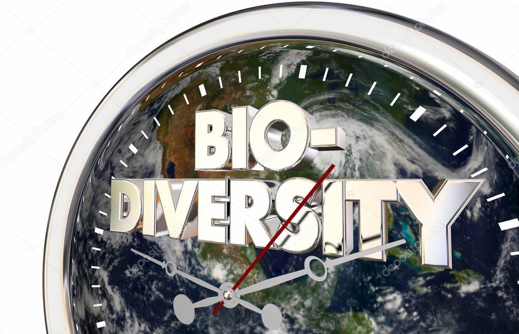 Clock  with Biodiversity word and planet on clock face, 3d Illustration 