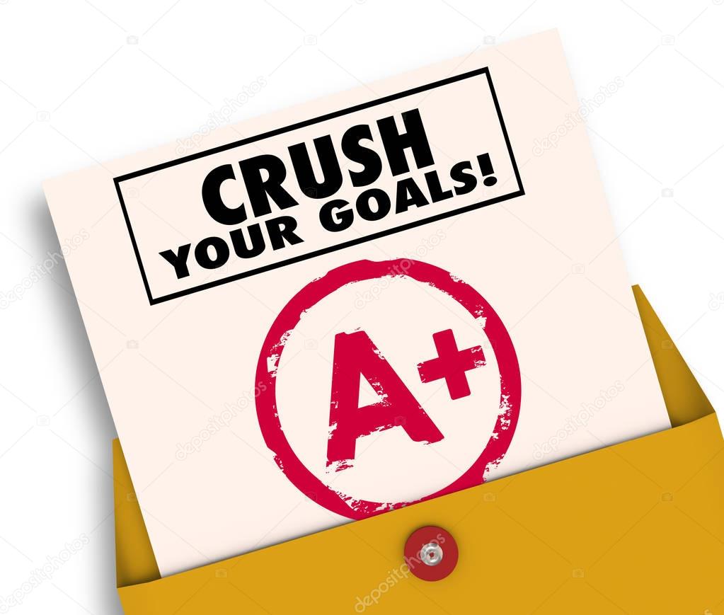 envelope with text Crush Your Goals on report card, 3d Illustration 