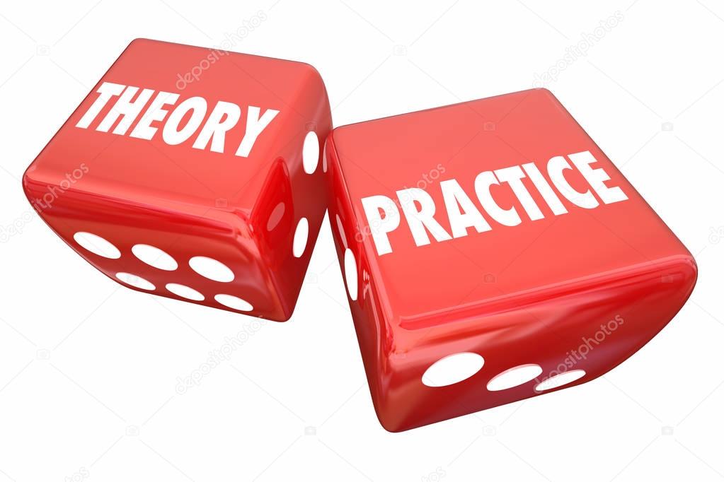 Theory and Practice rolling dice, 3d Illustration
