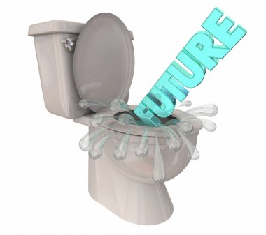 Gelecekteki Word Flushing aşağı tuvalet, boşa rüyalar kavramı, 3d çizim