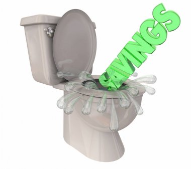 Tasarruf Flushing tuvalet aşağı kayıp para 3d çizim