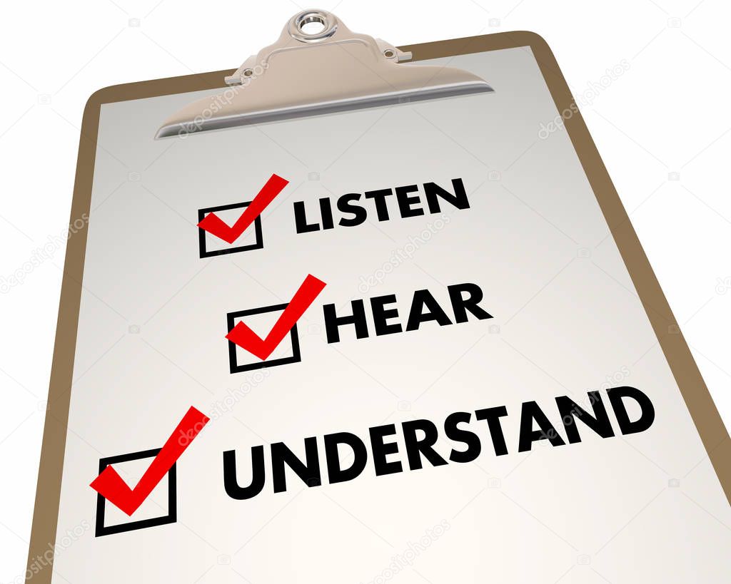 Listen Hear Understand Learn Knowledge Checklist 3d Illustration