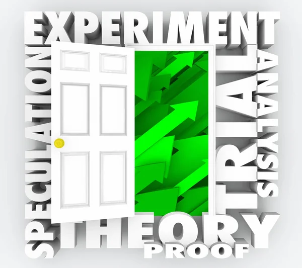 Offene Tür Mit Wörtern Rund Experiment Theorie Test Wissenschaft Forschung — Stockfoto