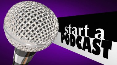 Yazı başlamak bir Podcast mor arka plan üzerinde mikrofon ile