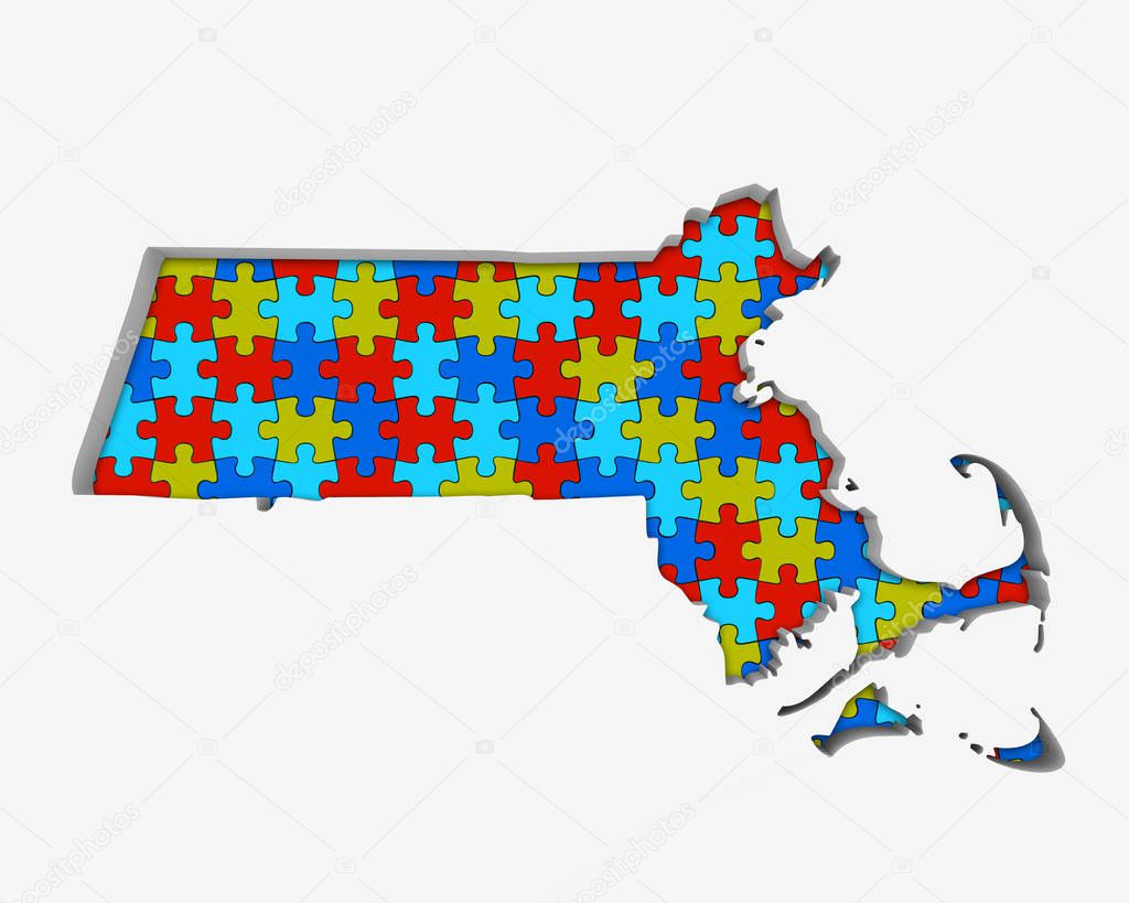 Massachusetts MA Puzzle Pieces Map Working Together 3d Illustration