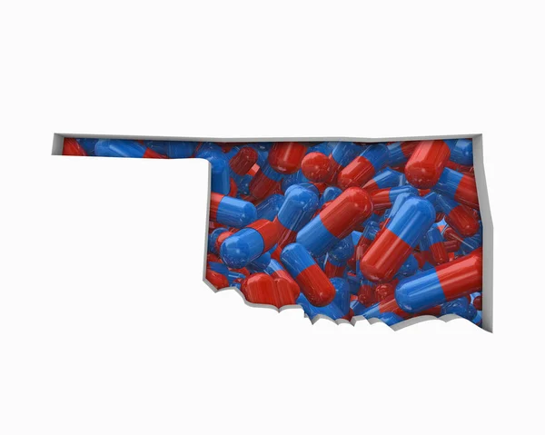 Oklahoma Pigułki Leki Ubezpieczeniach Zdrowotnych Mapa Ilustracja — Zdjęcie stockowe