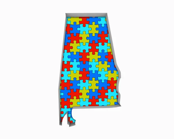 Alabama Puzzle Pieces Map Trabalhando Juntos Ilustração — Fotografia de Stock