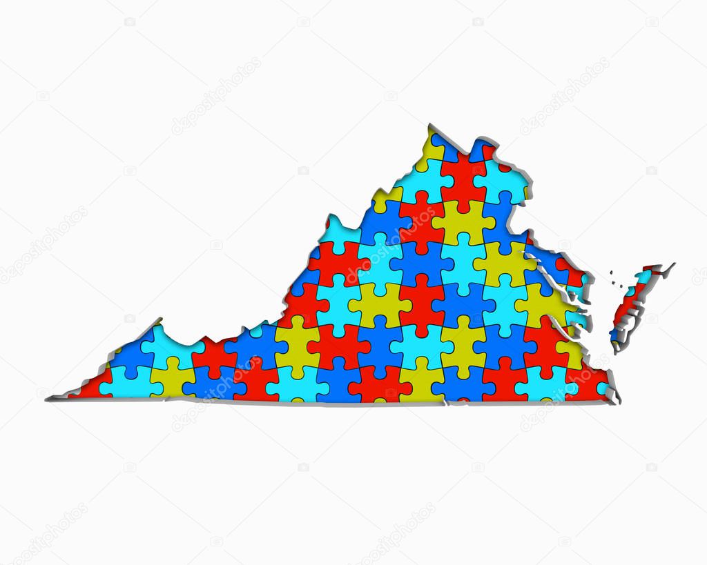 Silhouette of Virginia full of puzzle pieces on white background 
