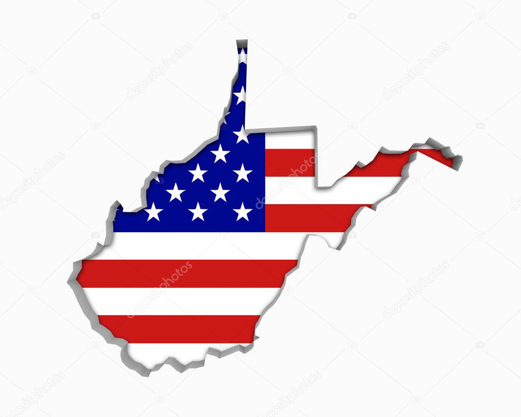 Silhouette of West Virginia with USA flag on white background 