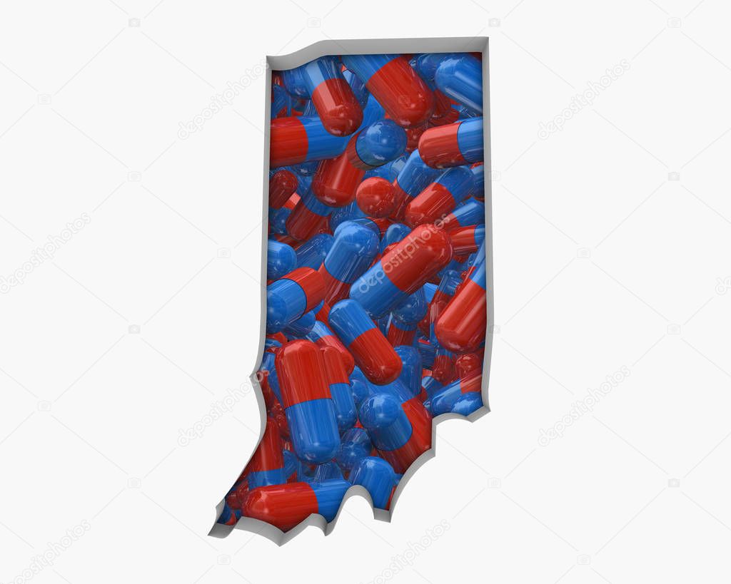 Silhouette of Indiana full of pills on white background 