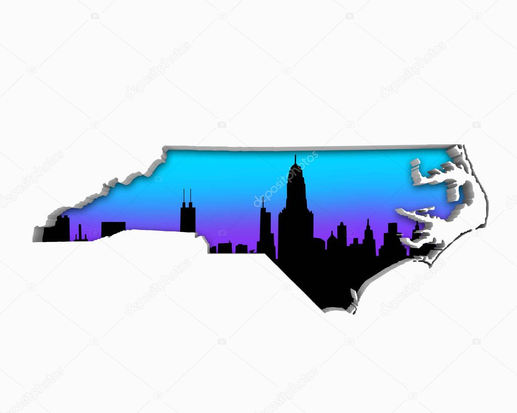 Silhouette of North Carolina with Skyline City metropolitan area on white background 