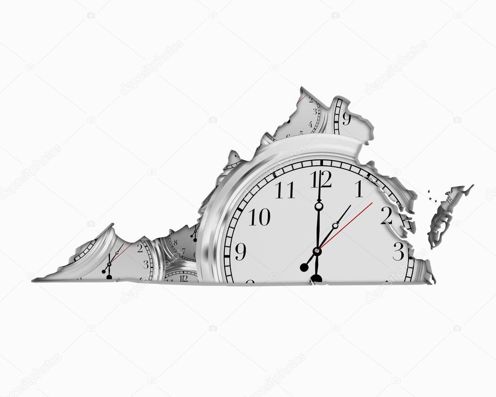 Silhouette of Virginia with clocks on white background