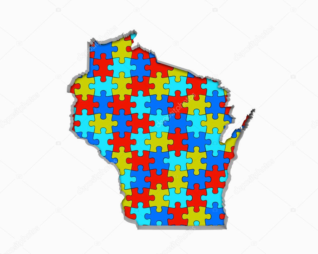 Silhouette of Wisconsin with colorful puzzle pieces on white background