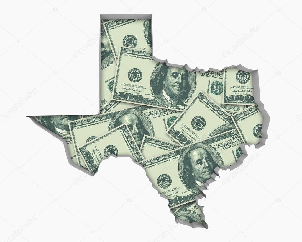 Silhouette of Texas with money on white background