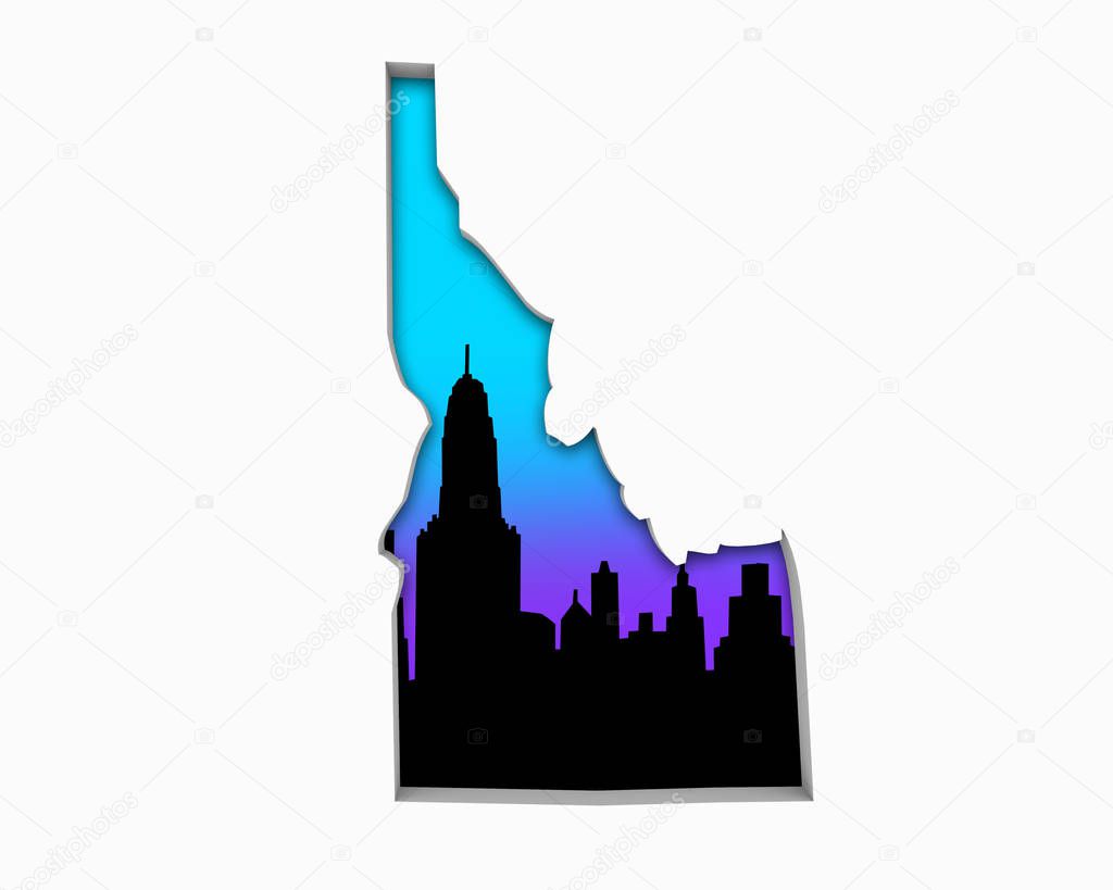 Silhouette of Idaho with Skyline City metropolitan area on white background