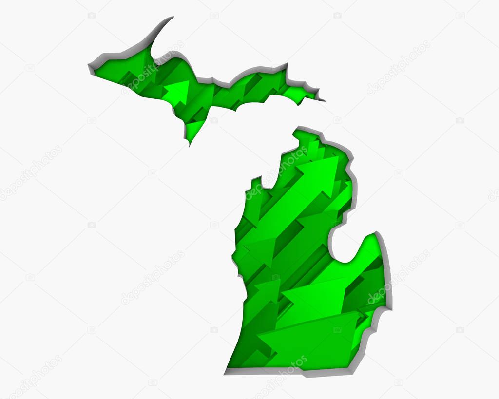 Silhouette of Michigan with green arrows on white background
