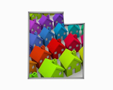 kolaj Utah eyalet harita, ABD şeklinde renkli evlerin. 3D çizim, gayrimenkul ve geliştirme kavramı 