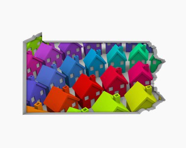 Pennsylvania Eyalet harita, ABD şeklinde renkli evlerin kolaj. 3D çizim, gayrimenkul ve geliştirme kavramı 