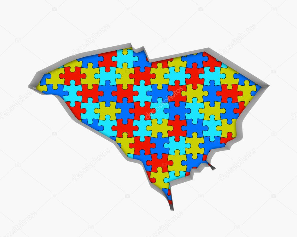 colorful Puzzle Pieces in shape of South Carolina state map, USA. 3d Illustration 