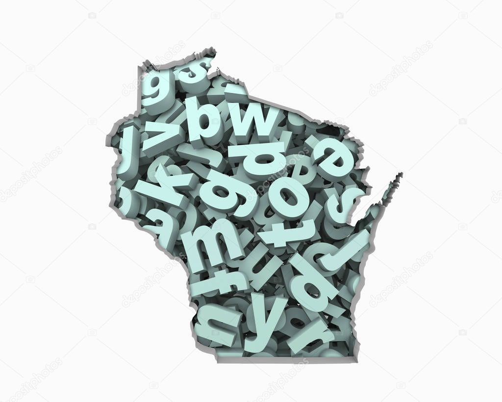 letters collage in shape of Wisconsin  state, 3d Illustration, education concept 