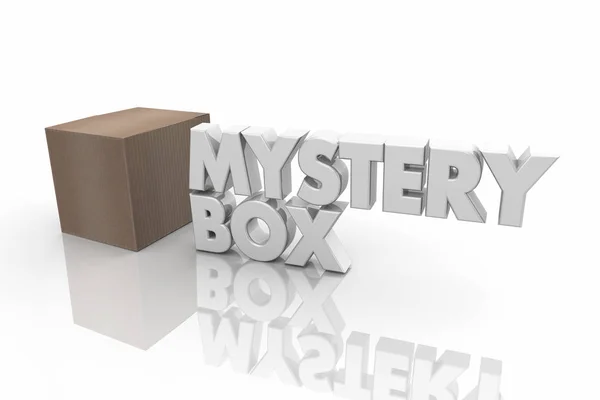 Mystery Box Kartongförpackning Okänt Innehåll Word Render Illustration — Stockfoto