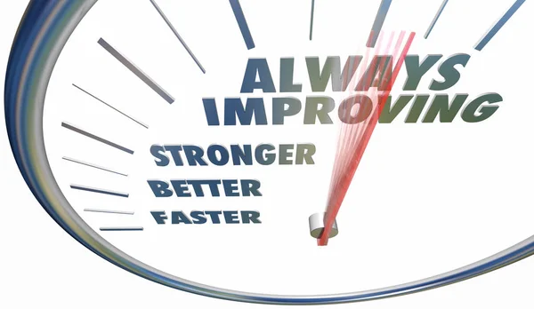 Always Improving Faster Stronger Better Speedometer Words 3d Illustration — ストック写真