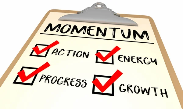 Momentum Checklista Åtgärd Framsteg Tillväxt Uppnå mål 3d Illustration — Stockfoto
