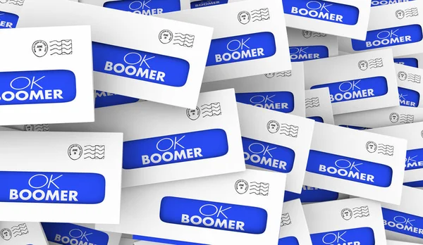 OK Boomer Rejeté irrespectueux Lettres générationnelles Enveloppes Réponses Illustration 3D — Photo