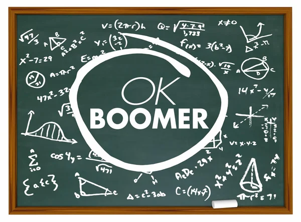 OK boomer dismissive generational education school chalkboard 3D illustration — 스톡 사진