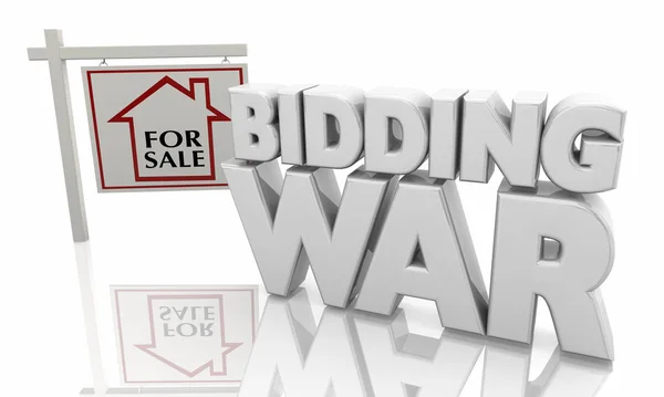 Bidding War Home House En Venta Compradores Competidores Signo Ilustración 3d —  Fotos de Stock