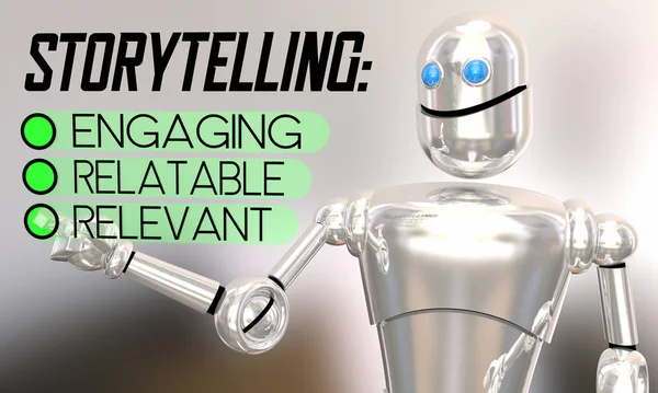 Storytelling Checklist Relevante Relacionable Engaging Robot Animación 3D — Foto de Stock