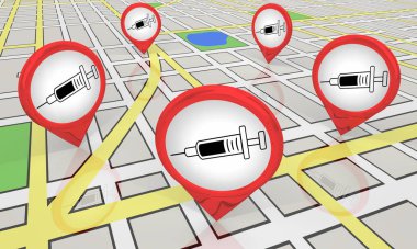 Şırınga İğnesi İğnesi İğne İğnesi İlaç Aşısı Harita İğnesi Konumları 3d İllüstrasyon