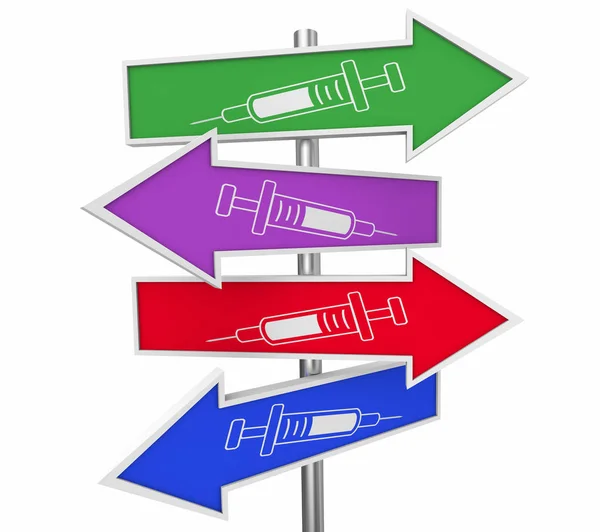 Medicina de la aguja de la jeringa Inyección de inyección Medicamento Signos de flecha de la vacuna Instrucciones Ilustración 3d —  Fotos de Stock