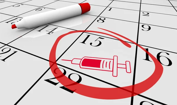 Jeringa aguja medicina inyección medicación vacuna calendario día fecha círculo 3d ilustración — Foto de Stock