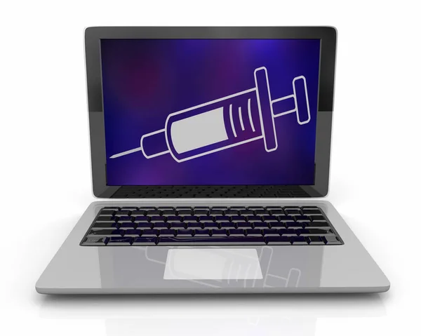 Spritze Nadel Medizin Schuss Injektion Medikament Impfstoff Laptop Computer internet website 3d illustration — Stockfoto