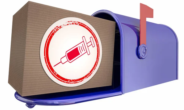 Шприц лекарства от укола иглы Вакцина Вакцина Почтовый ящик Почтовый заказ 3d Иллюстрация — стоковое фото