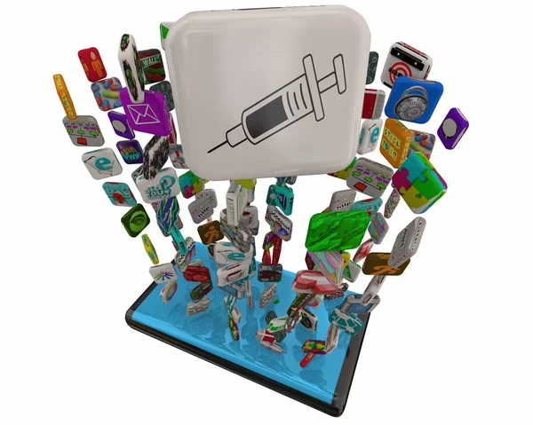 Spruta Nålmedicin Skott Injektion Medicin Vaccin Smart Phone Apps 3D Illustration — Stockfoto