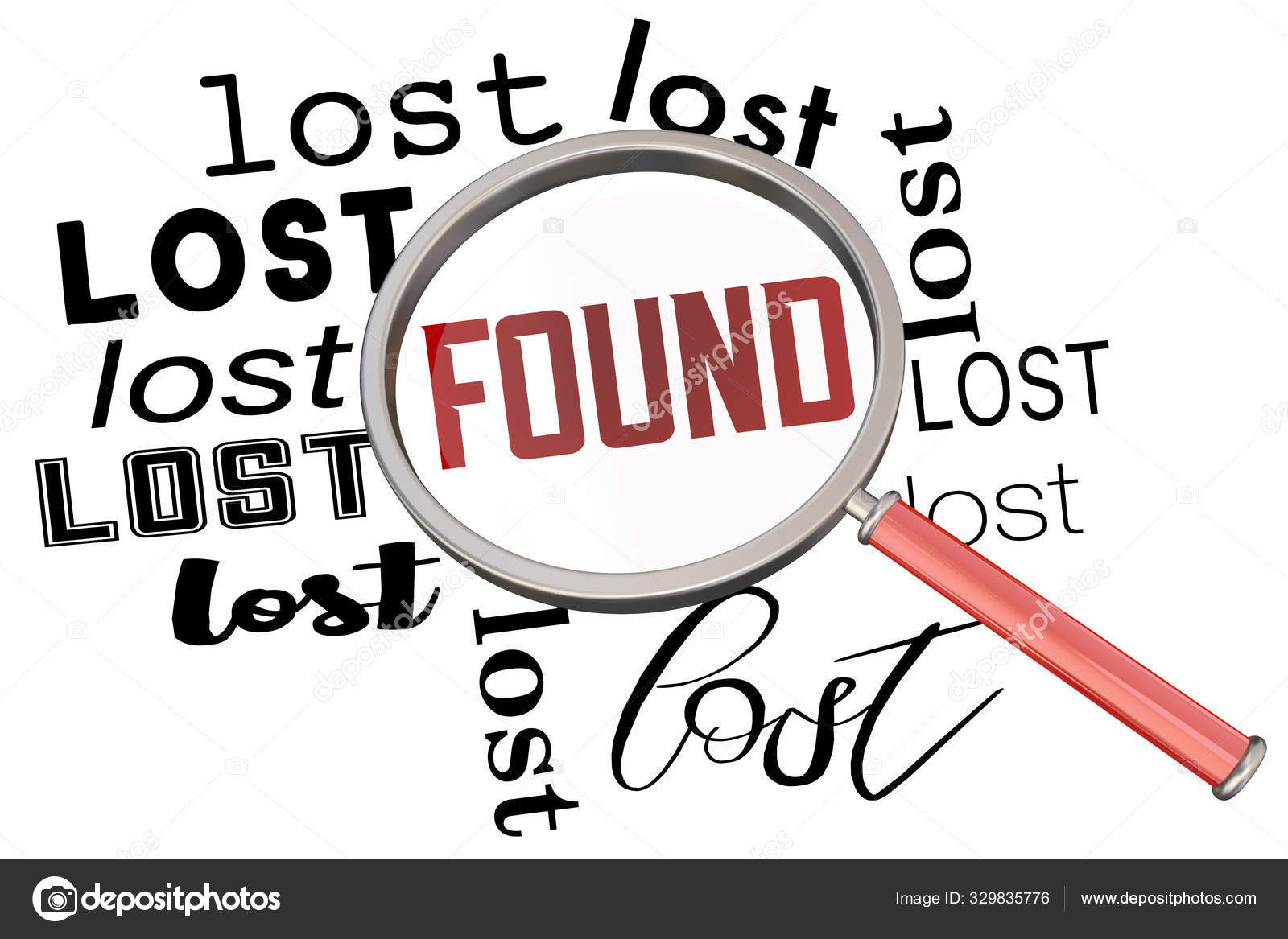 Lost and Found Magnifying Glass Search Find Missing Item Words 3d