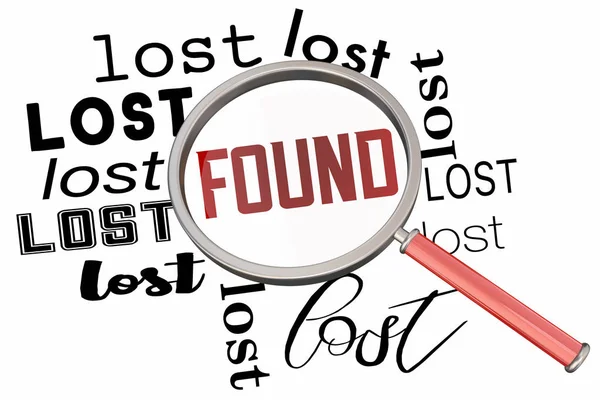 Lost and Found Magnifying Glass Search Find Missing Item Words 3d Illustration — Stock Photo, Image