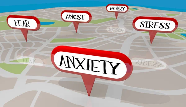 Ansia da stress Paura Preoccupazione Angst Map Pins Illustrazione 3d — Foto Stock