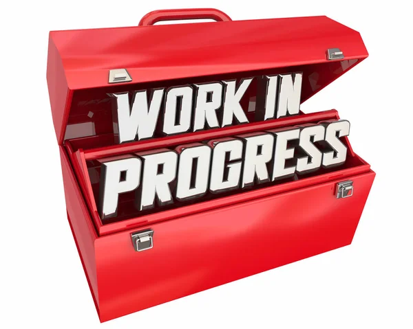 Work in Progress Under Construction Toolbox Words 3d Illustration — Stock Photo, Image