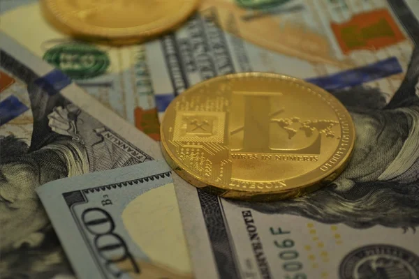 Golden Litecoin Notas Dólar Background Blockchain Technology Virtual Moeda Criptomoeda — Fotografia de Stock