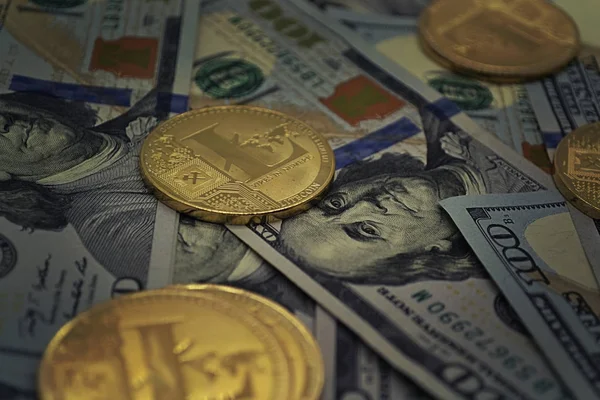 Golden Litecoins Dollars Close Crypto Currency New Virtual Money Dollars — Stock Photo, Image
