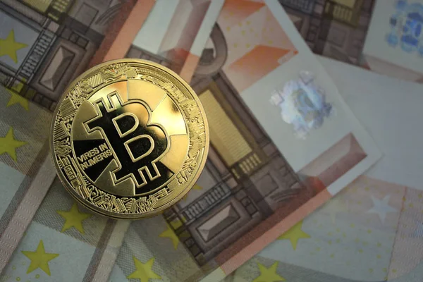 Bitcoin Blockchain Cryptocurrency New Argent Virtuel Bitcoin Pièces Sur Euro — Photo