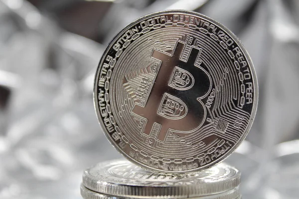 Bitcoin Steht Auf Stack Cryptocurrency Geschäfts Und Handelskonzept Nahaufnahme — Stockfoto