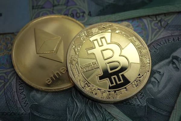 Ethereum Sob Bitcoin Moeda Moedas Criptomoeda Moeda Polonesa Notas Pln — Fotografia de Stock