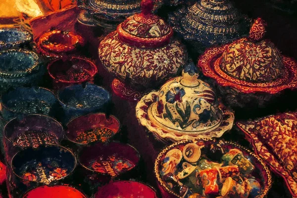 Closeup Variety Classical Colorful Ceramic Items Sold Grand Bazaar Market — Stock Photo, Image