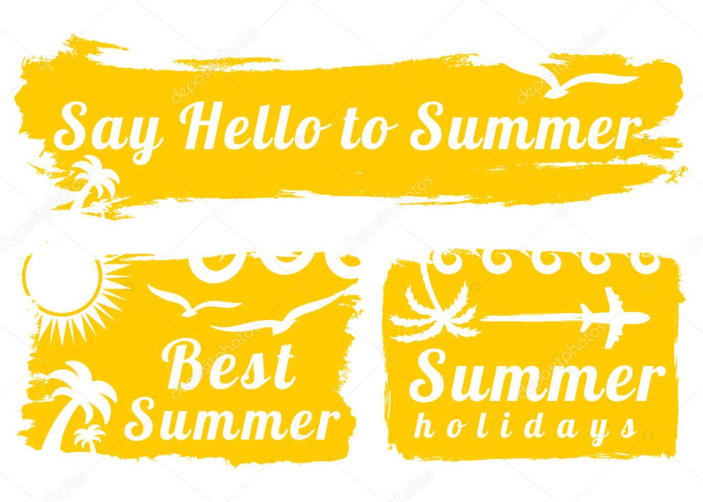 Grunge summer banners. Hello Summer Hand Lettering on watercolor grunge element, Summer Time logo Template,Summer Banner Background, Summer Holidays lettering,Summer party,Enjoy The Summer, tropical sunshine, beach vacation