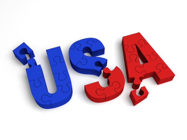 A 3D illustration of red and blue puzzle pieces partially assembled to spell, "USA". Representing putting a divided country back together. Isolated on white