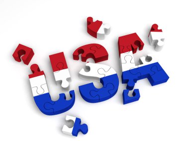 Kırmızı, beyaz ve mavi yapboz parçalarının üç boyutlu bir çizimi kısmen 